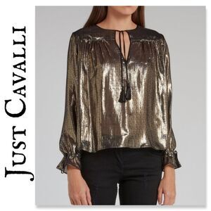 NWT Just Cavalli Gold Metallic Tassel Detail Top